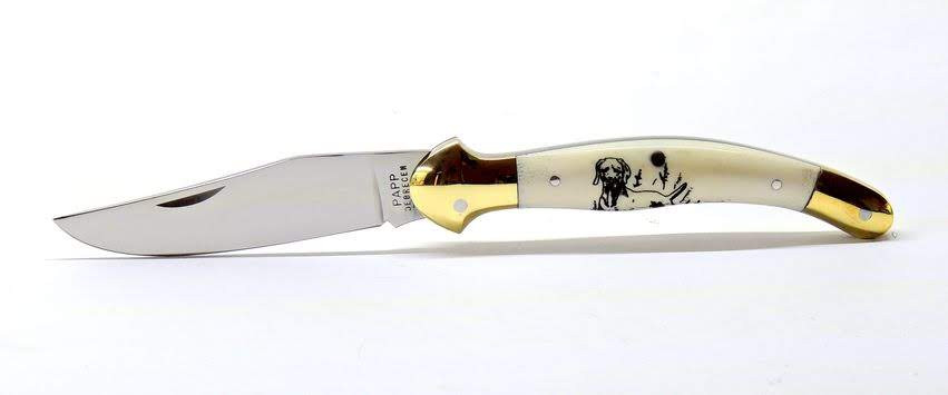 Fejesgörbe bicska,agancs markolat, gravírozott vizsla motívummal