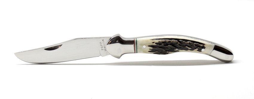 Fejesgörbe zsebkés, bicska agancs markolat, trikolor betéttel