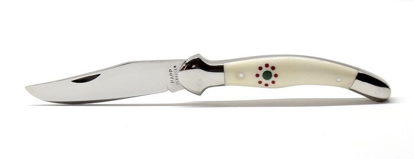 Fejesgörbe zsebkés, bicska csont markolat , trikolor kokárdával