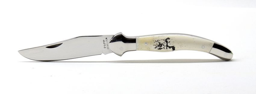 Fejesgörbe bicska, csont markolat, gravírozott őzbak díszítéssel