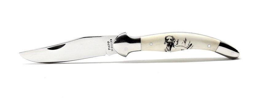 Fejesgörbe bicska, csont markolat, gravírozott vizsla díszítéssel