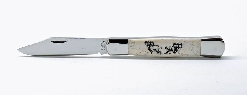 Cakli zsebkés, bicska agancs markolat, gravírozott muflon díszítéssel